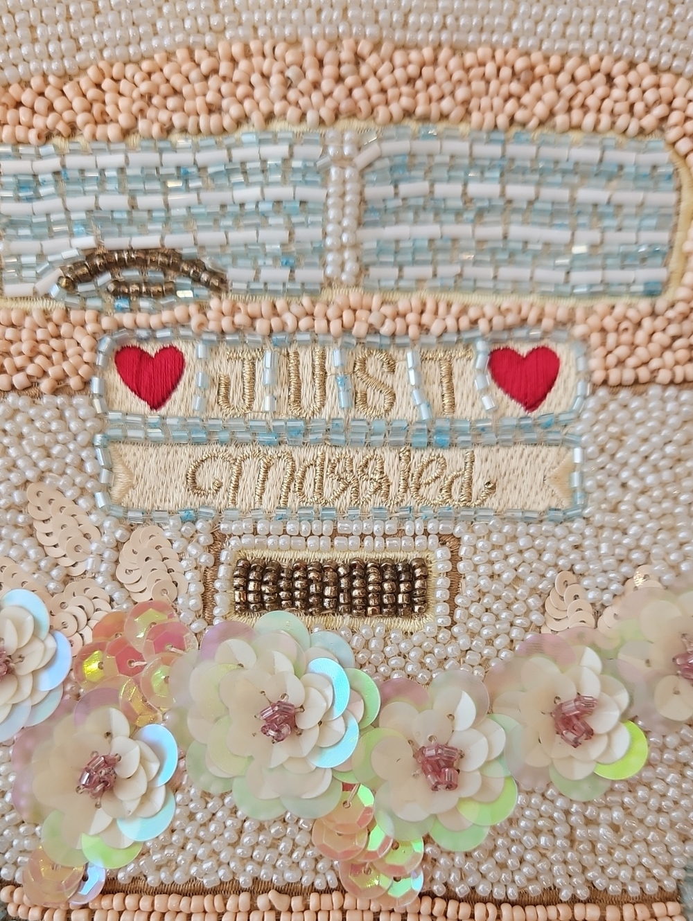 Handcrafted Cream & Blue Beaded Just Married Car Crossbody Bag - Picture 2 of 6